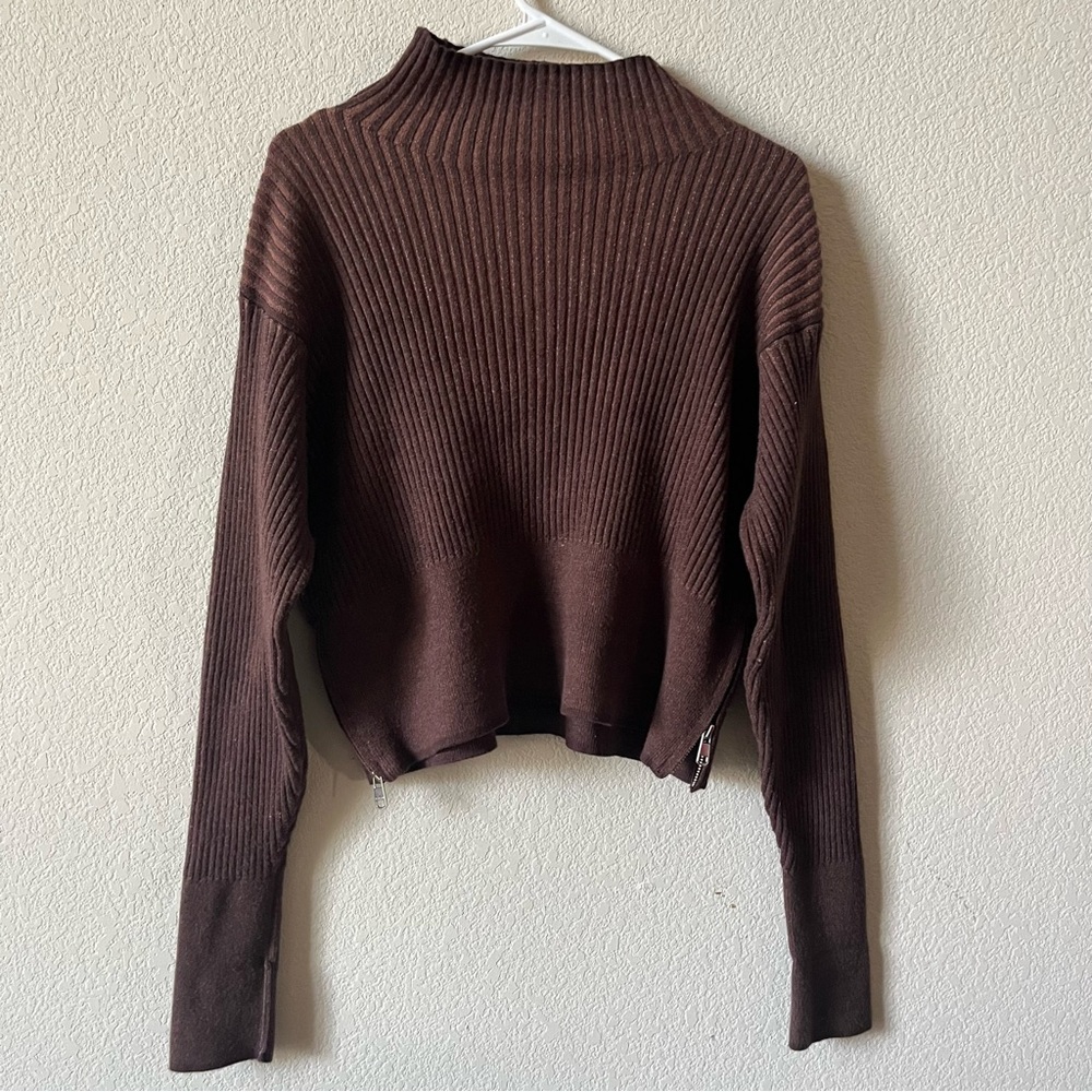 Varley Dark Brown Ribbed Minimalist Contemporary Stretchy Mock Neck Sweater S